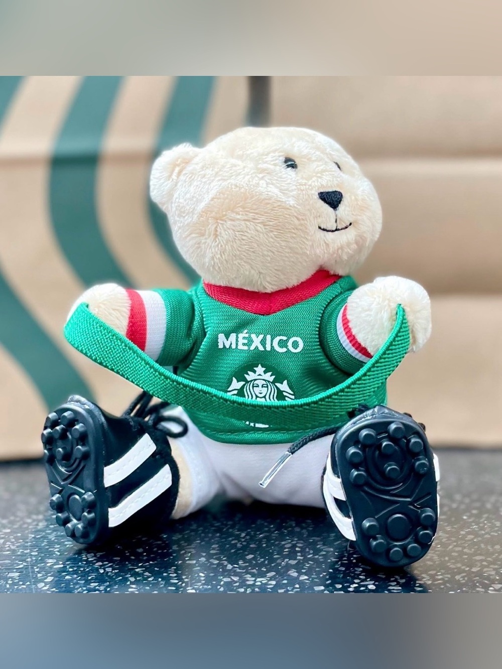 NWT Starbucks Mexico Bear Plush in Green and Cream with Black Shoes